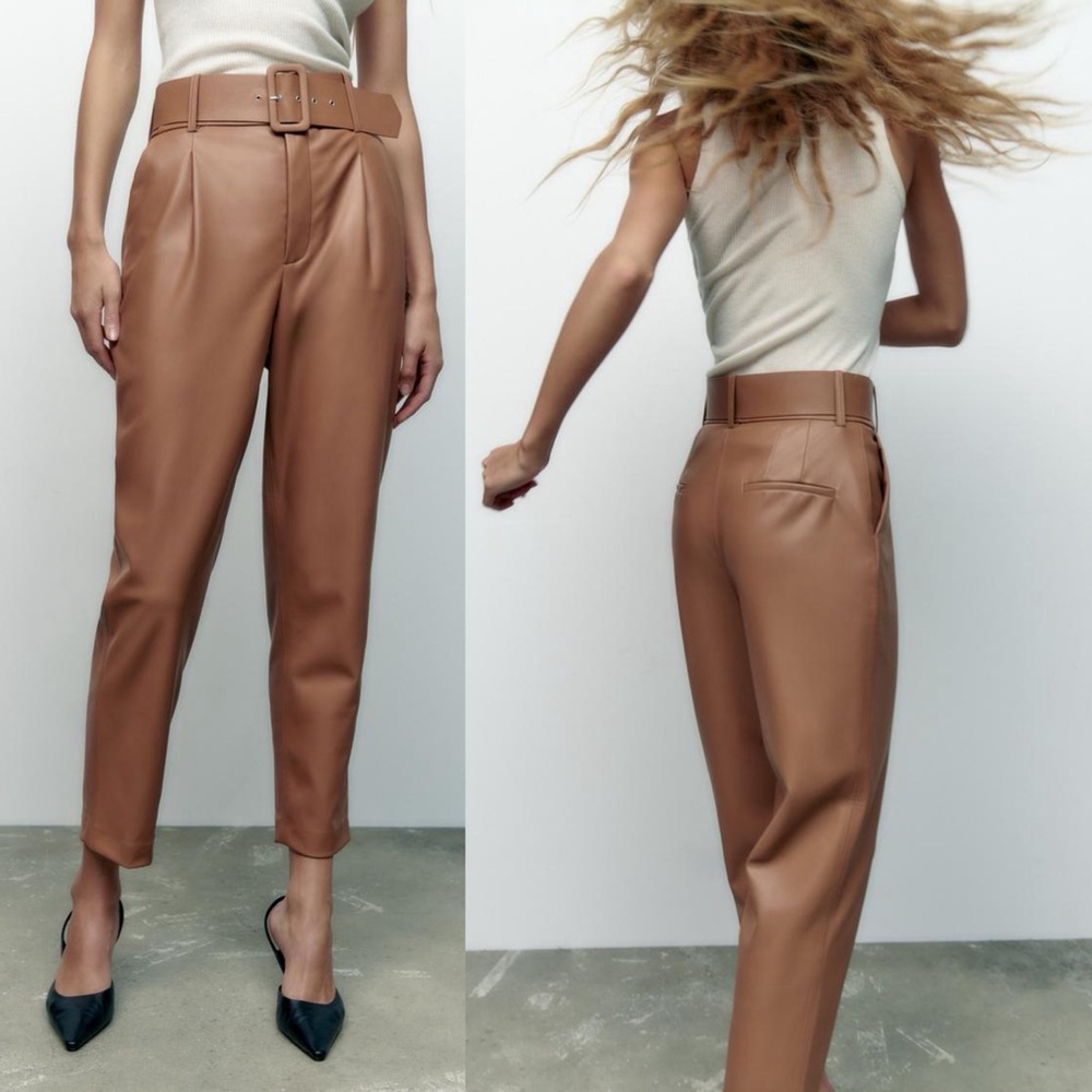 Zara BELTED FAUX LEATHER SKINNY PANTS Beige/Brown Size S NEW